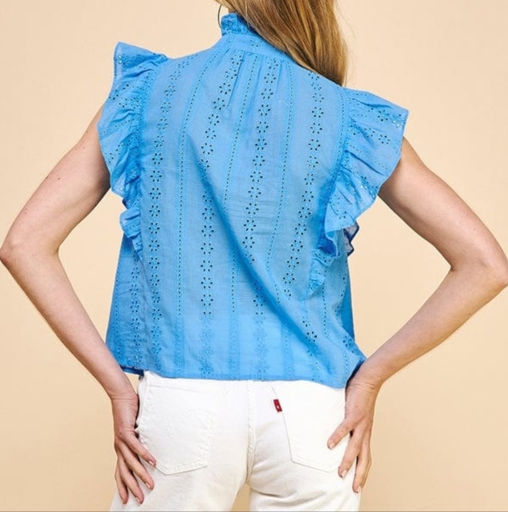 Pinch Blue Button Down Eyelet Flutter Sleeve Shirt Top Size Small - Picture 4 of 8